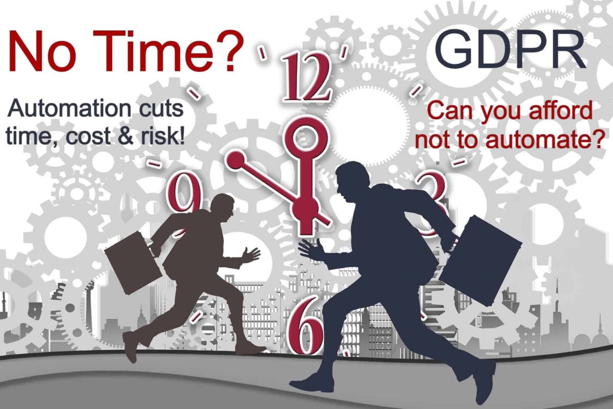 Two figures in business suits race against a backdrop of gears and a clock with text encouraging the automation of GDPR