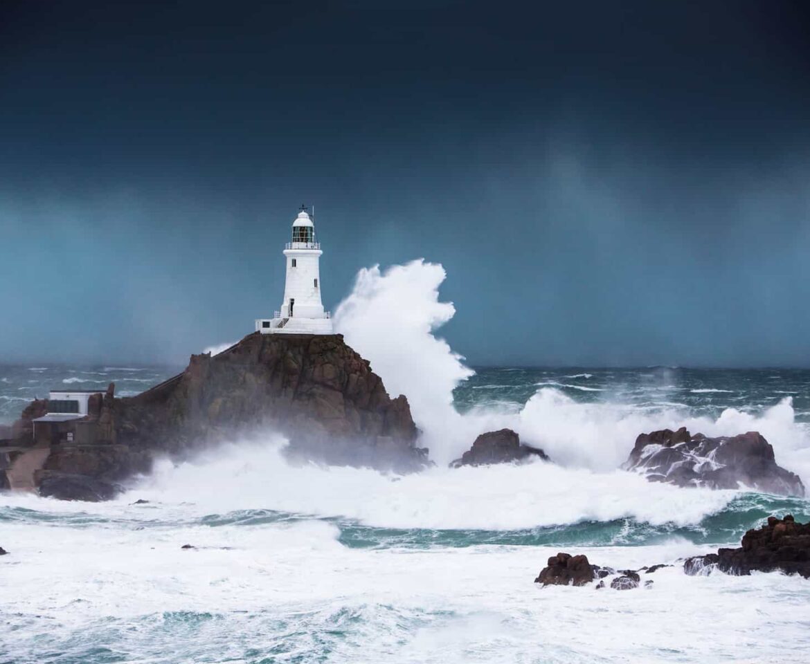 Corbiere Lighthouse surrounded by stormy winter seas