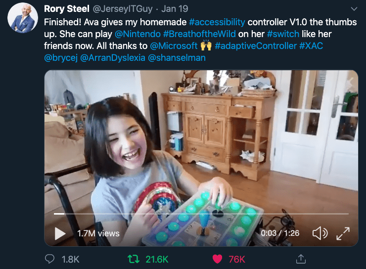 Rory Steel's viral tweet showcasing his daughter using his homemade accessibility controller for her Nintendo Switch