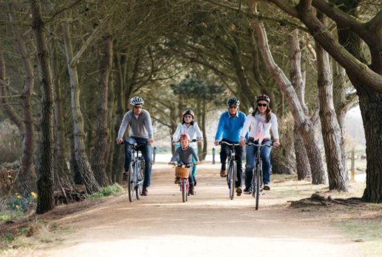 Family cycling on tree lined cycle track