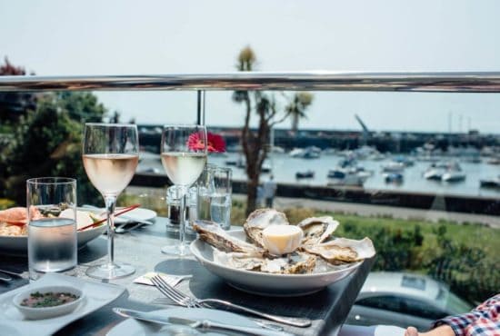 Food and wine overlooking Gorey harbour