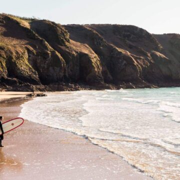 Surfer walking towards the water