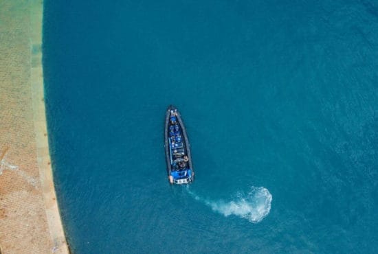 Aerial view of RIB boat in the sea