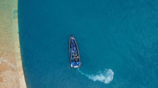 Aerial view of RIB boat in the sea