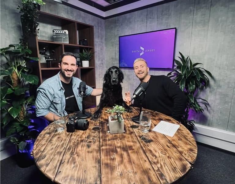 Phil Slatter and Marcus Verrell in the podcast studio with Phil's dog