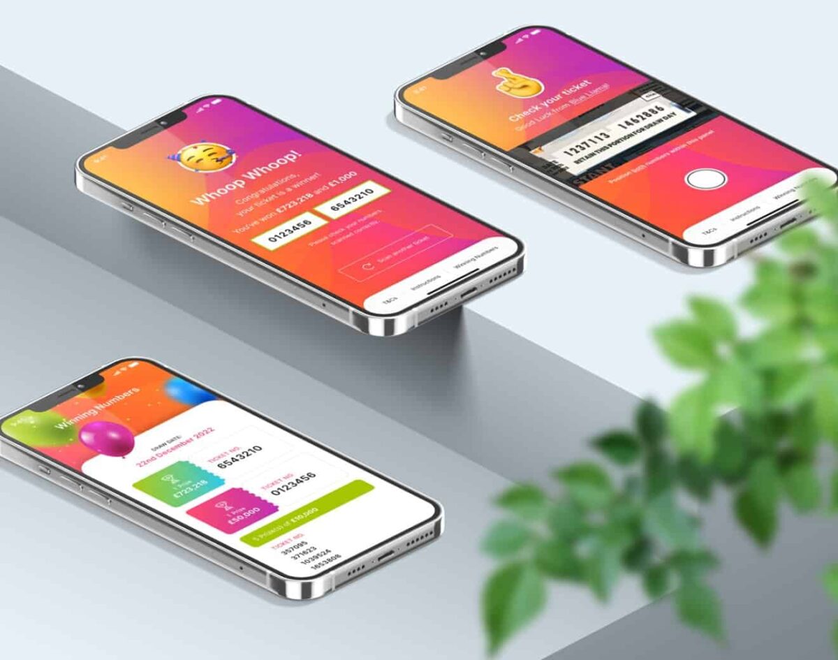 Three phone screens displaying Blue Llama's Lucky.je app 