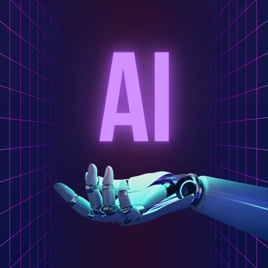 A robotic arm with an open hand with 'AI' hovering above in a purple glow