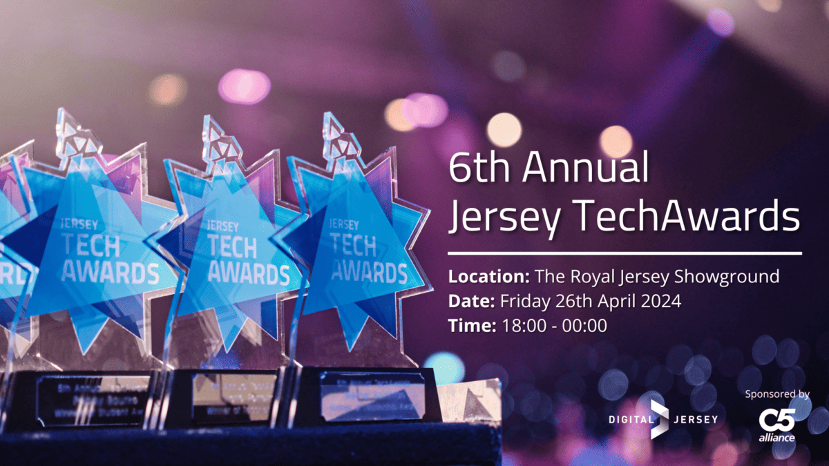 6th Annual Digital Jersey Tech Awards Banner with 2 Tech Award Trophies