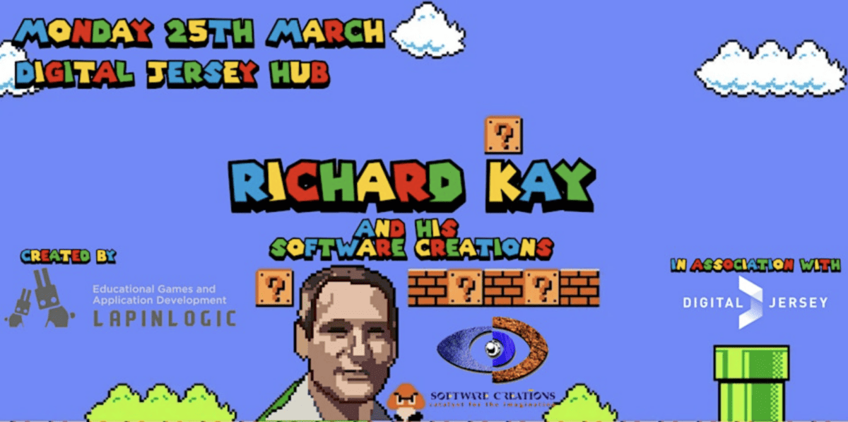 Richard Kay's Software Creation Talk Banner for 25th March in the theme of Super Mario Bros
