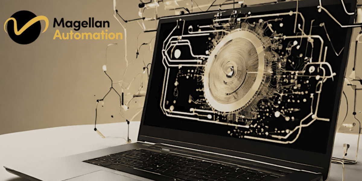 A laptop displaying a digital gear mechanism, with the Magellan Automation logo on the left.