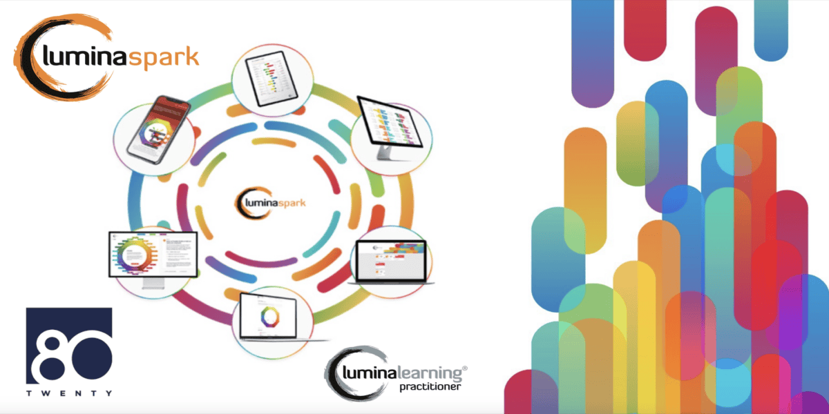 Logo and tools of Lumina Spark, a Lumina Learning Practitioner, with a colourful background