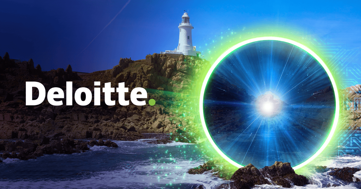 Deloitte logo in front of an image of Corbiere Lighthouse 