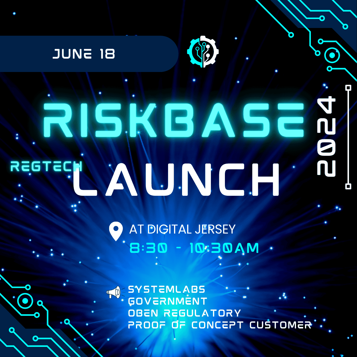 RiskBase Regtech Launch event invitation for June 18th in a blue cyber theme