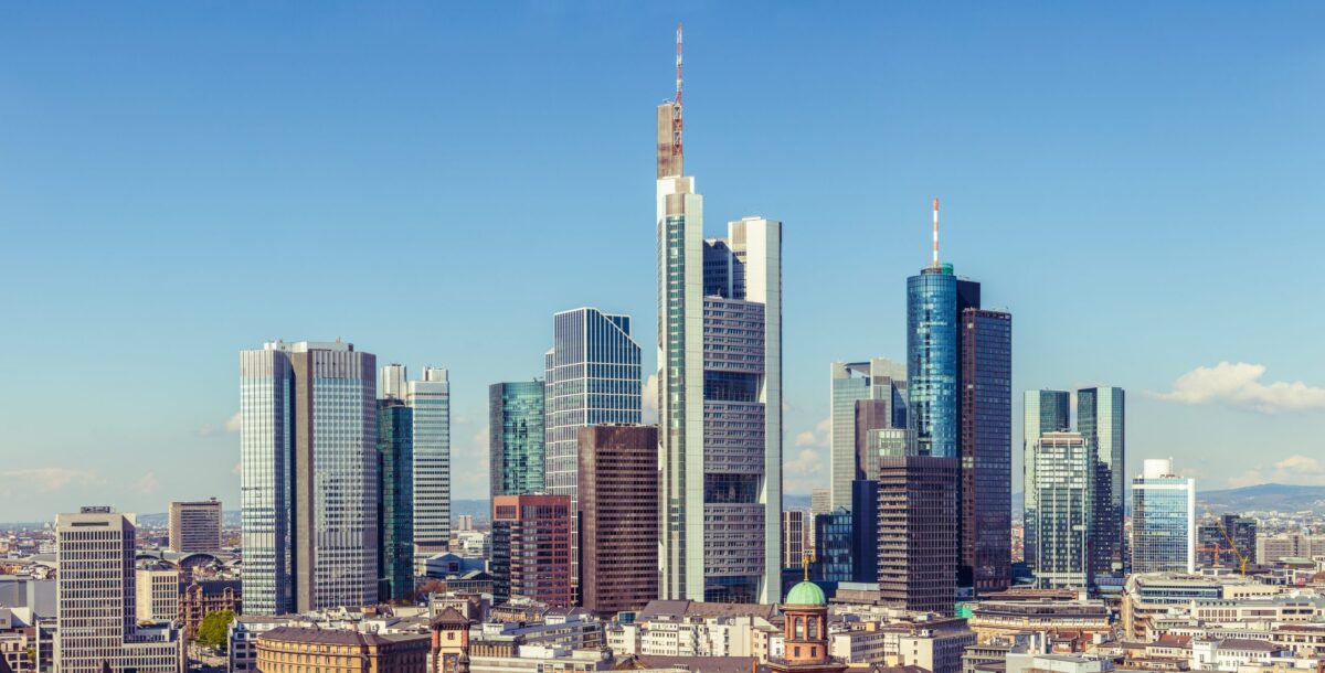A photo of a city's financial district with skyscrapers
