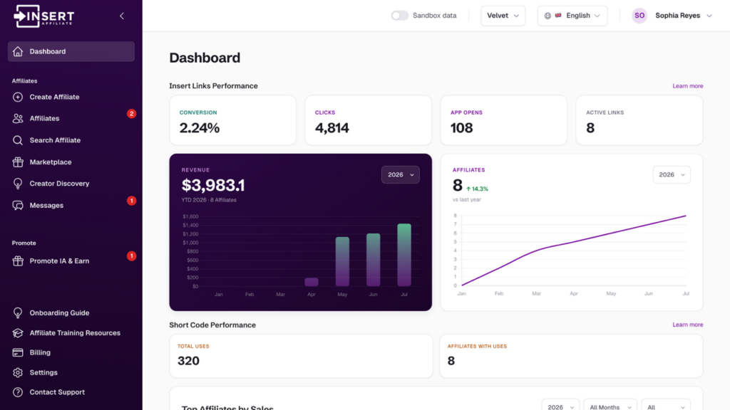 Insert Affiliate dashboard